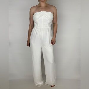 LULUS Posh Passion Ivory Strapless Bustier Wide Leg‎ Jumpsuit White Party Formal